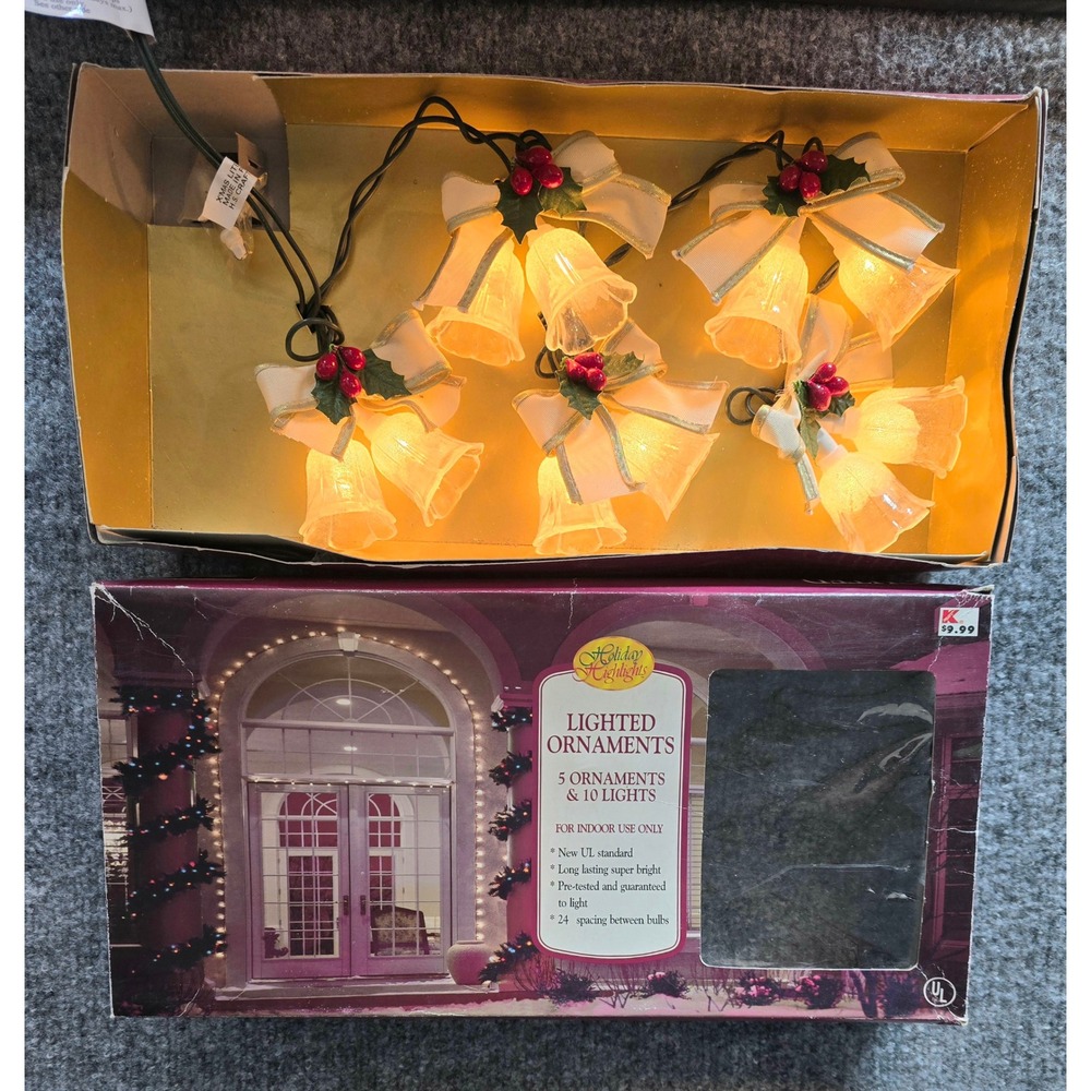 Holiday Highlights Lighted Ornaments Set Bells 10 Vtg  Christmas Lights. NEW